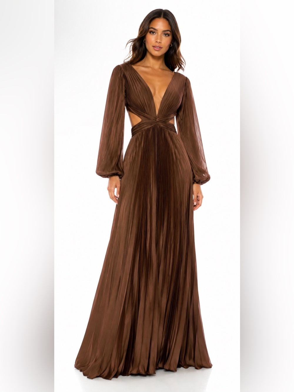 Mac Duggal Espresso Brown Pleated Charmeuse Cut Out Gown 26737 Size 10 NWT